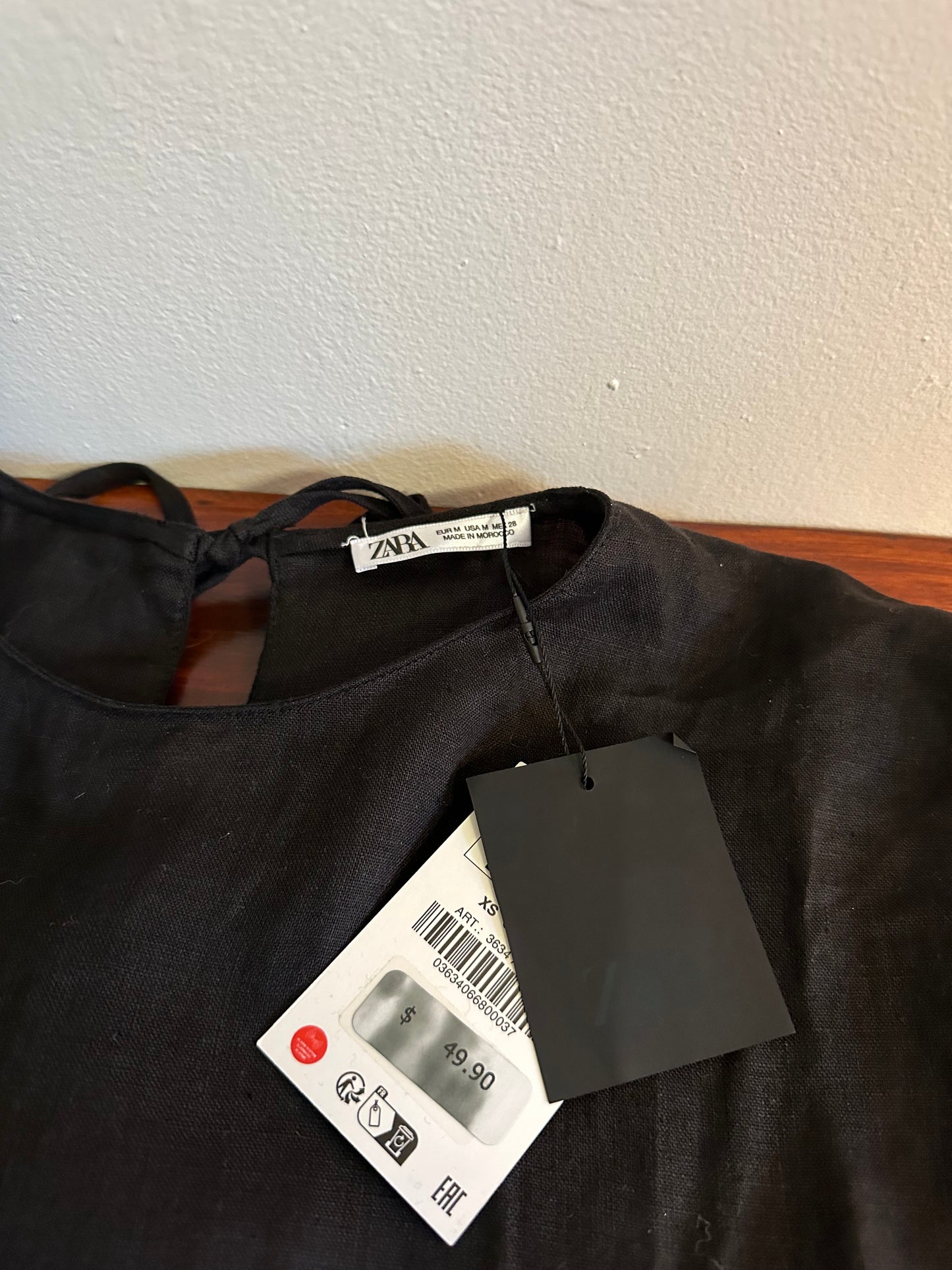 NWT Zara Tie Back Boxy Linen Top in Black- Size Medium