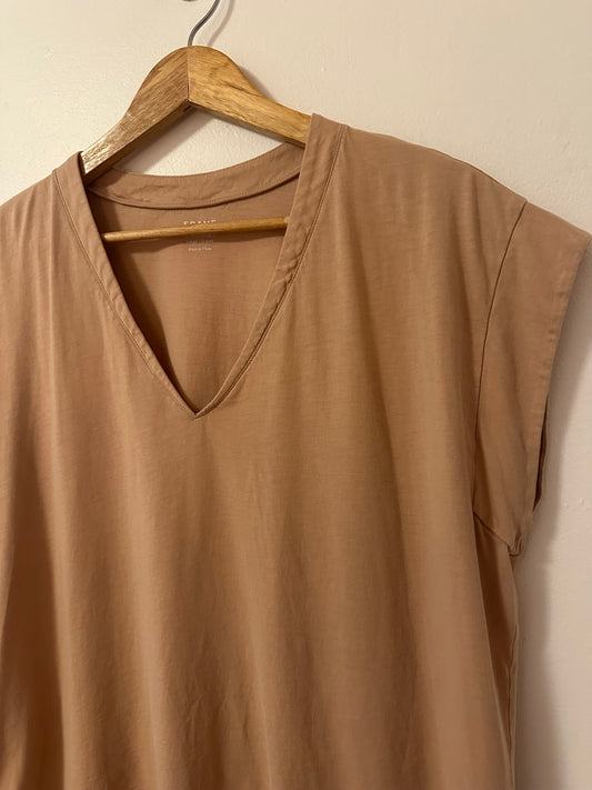 Frame Denim Le Mid Rise Tan V-Neck Short Sleeve Top | Size Large