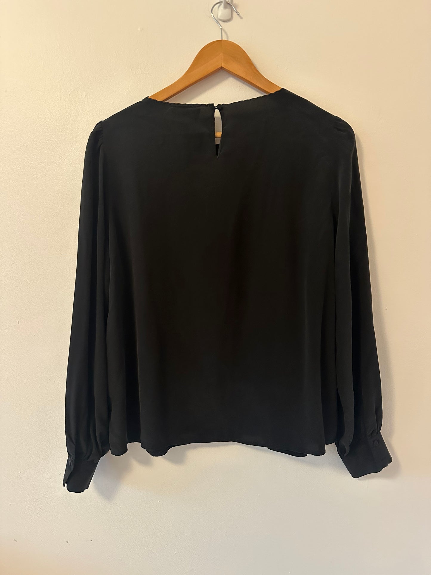 Sezane Carlotta Black Silk Blouse with Lace Neckline Accent | Size US 10 / EU 42