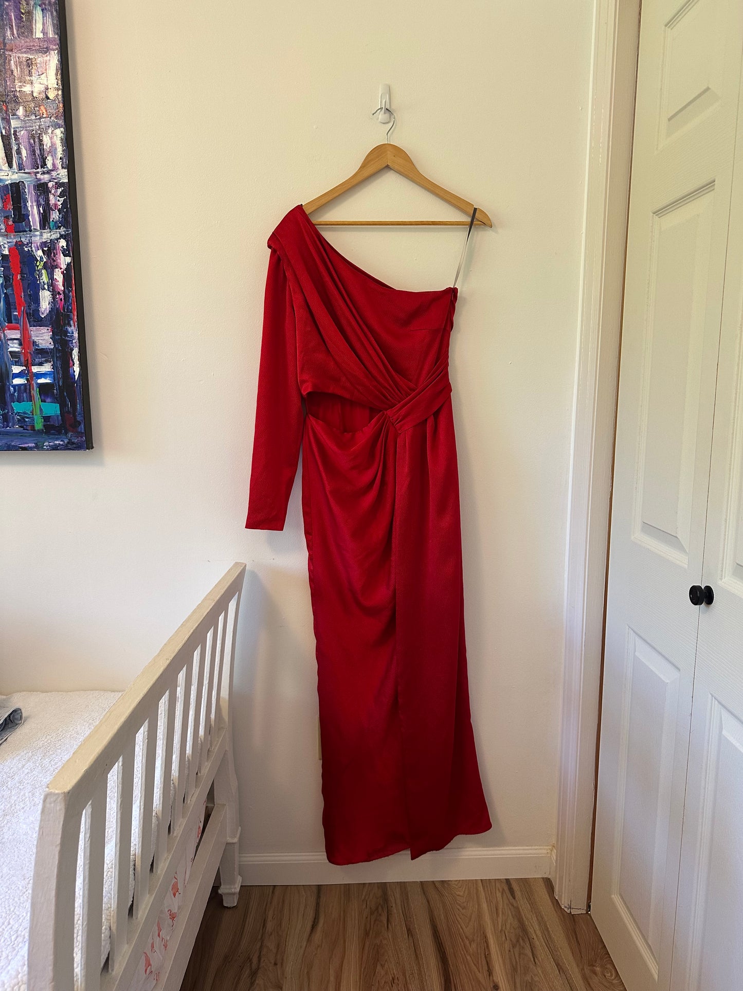 Monique Lhuillier One-Shoulder Red Evening Gown - Size 8
