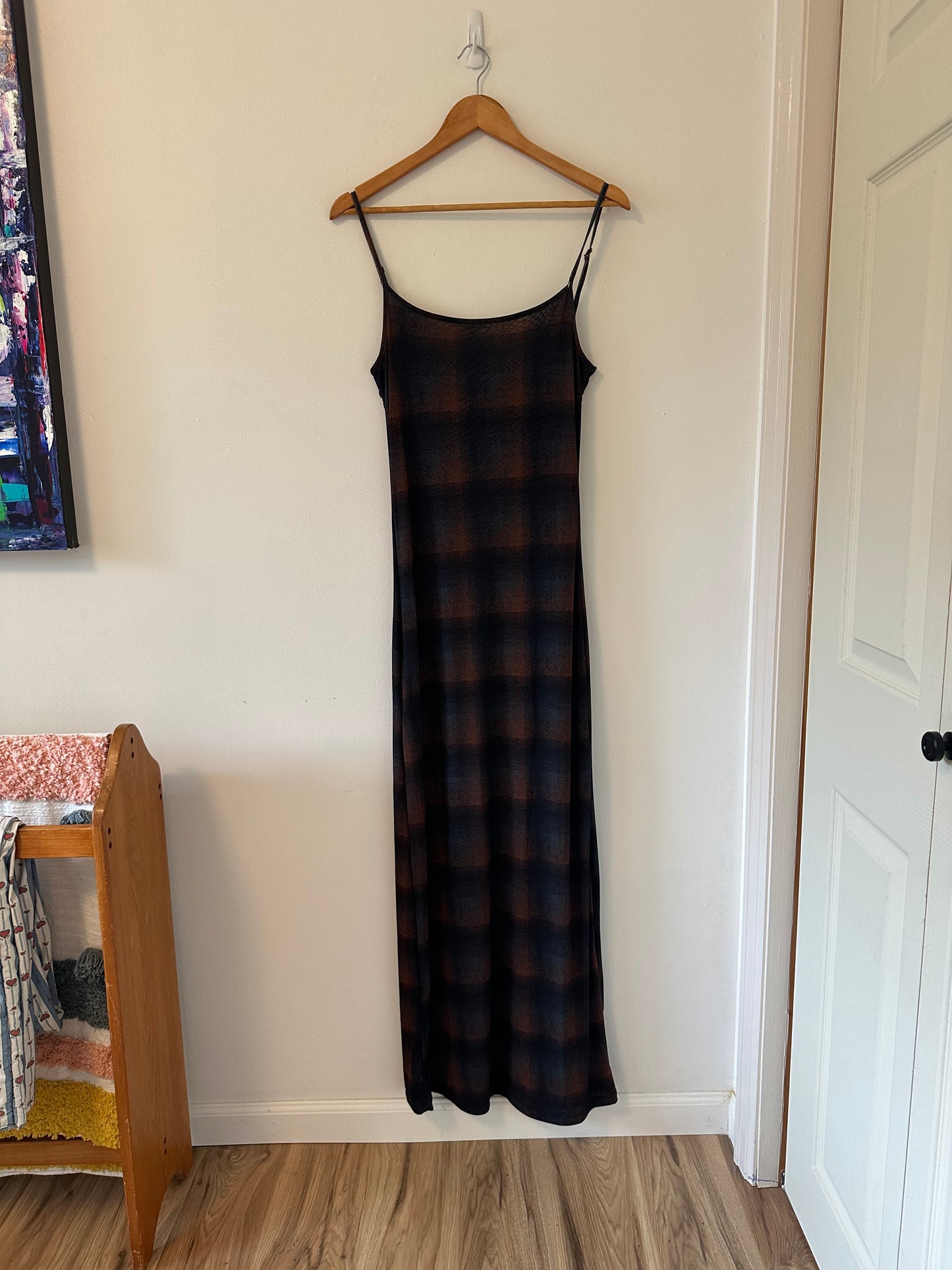 Thrills Enmesh Plaid Bodycon Mesh Spaghetti Strap Dress in Navy and Brown | Size Large