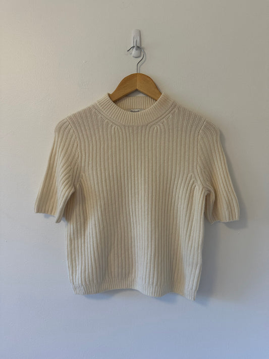 Madewell Short Sleeve Cream Cashmere Ribbed Sweater | Size Medium