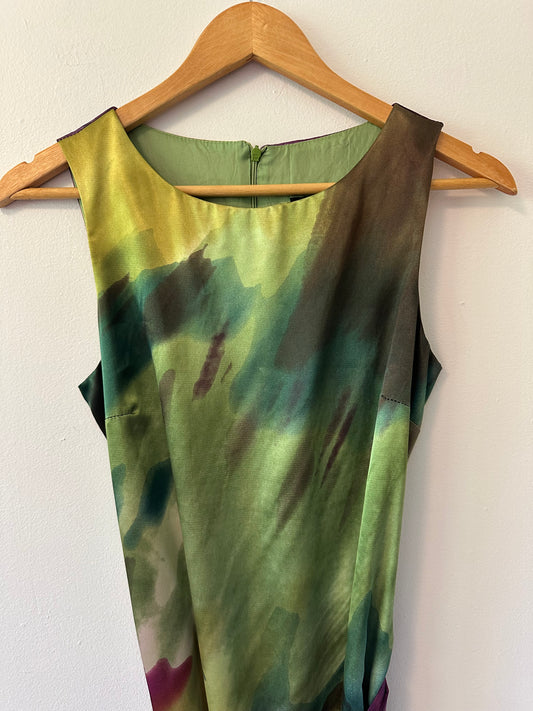 Cartese Sleeveless Belted Silky Dress in Purple and Green Print | Size 4