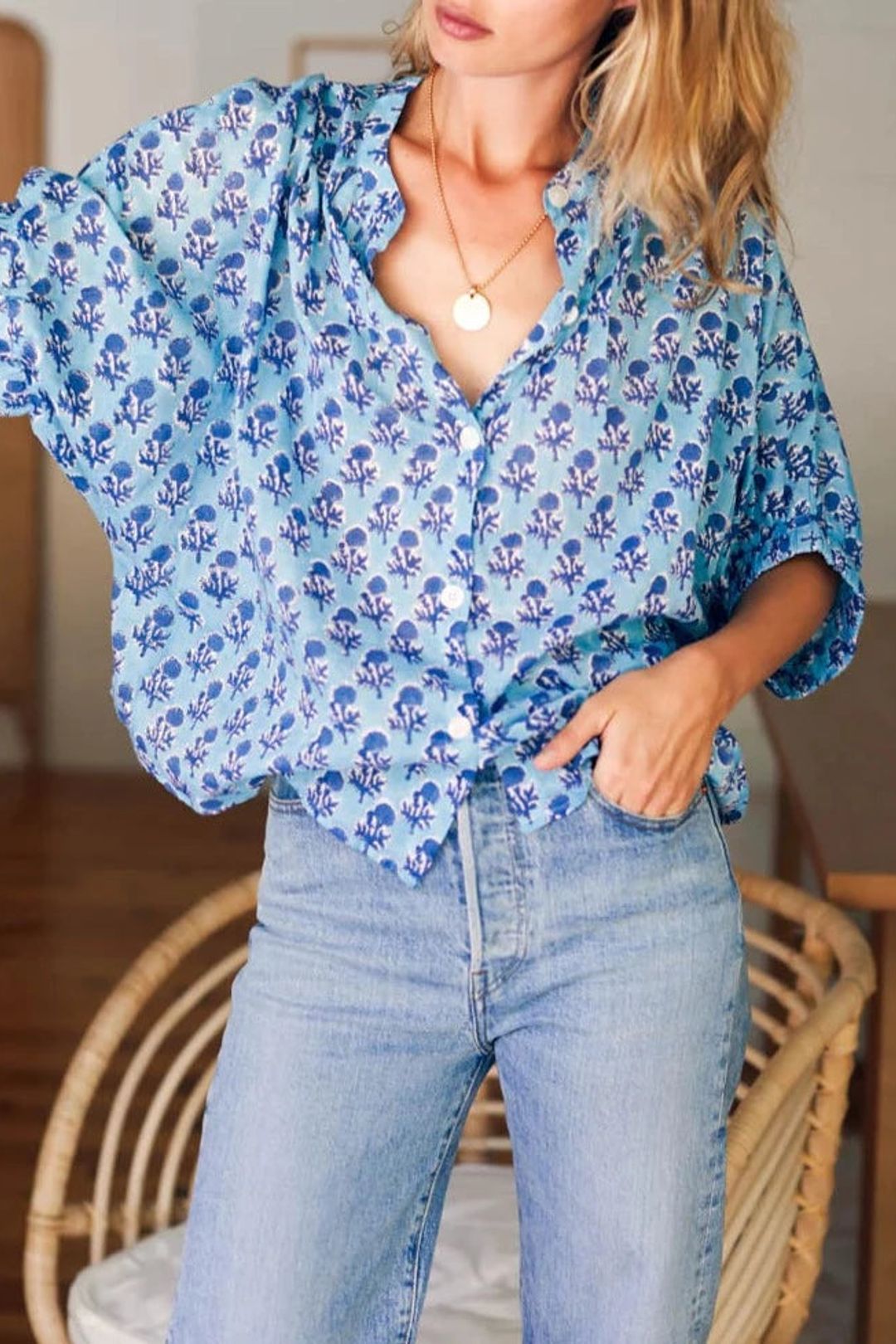 Emerson Fry India Collection Mandarin Collar Top in Blue - One Size