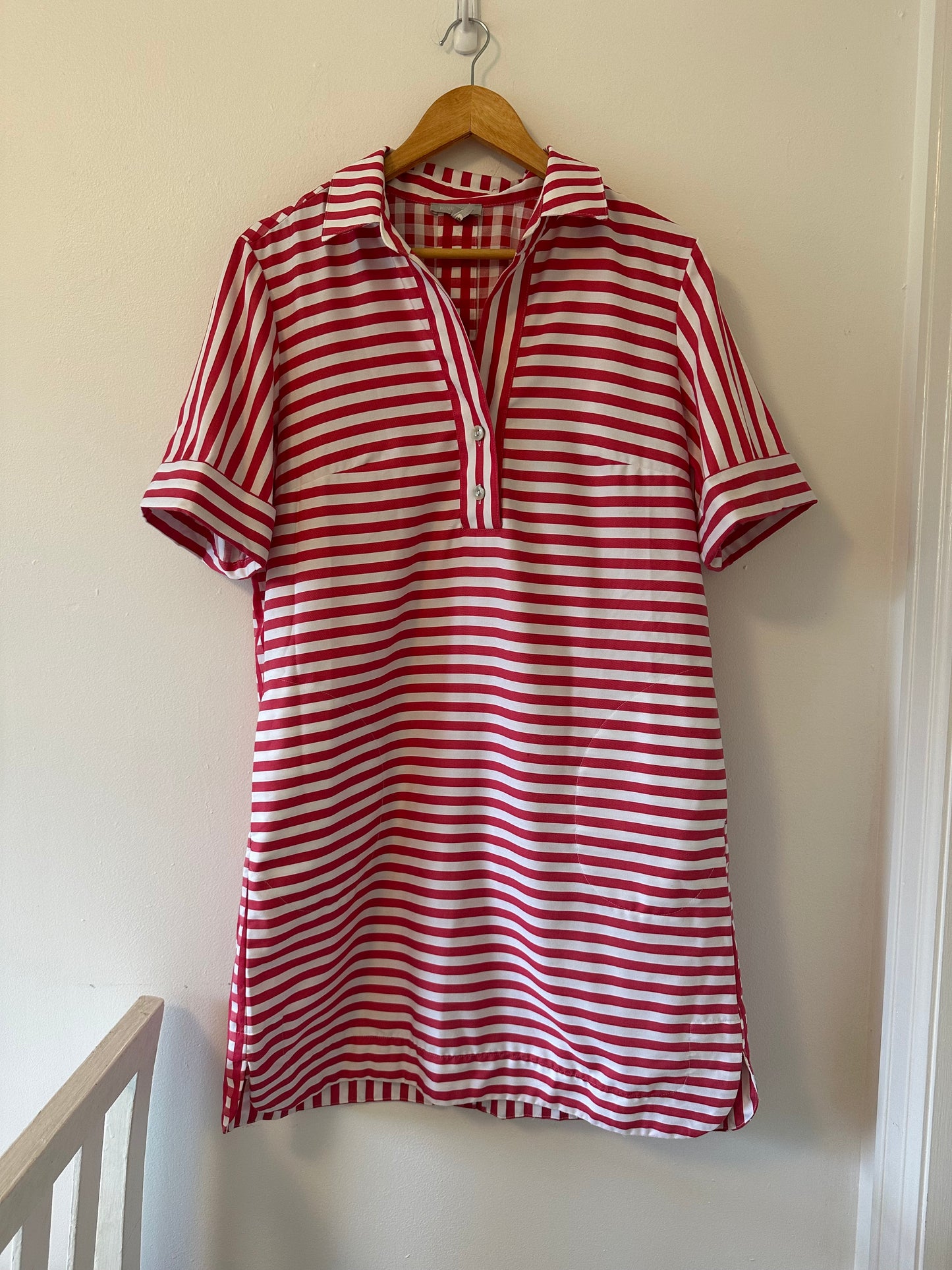 Hinson Wu Aileen Short Sleeve Stripe/Gingham Dress in Coral and White - Size Medium