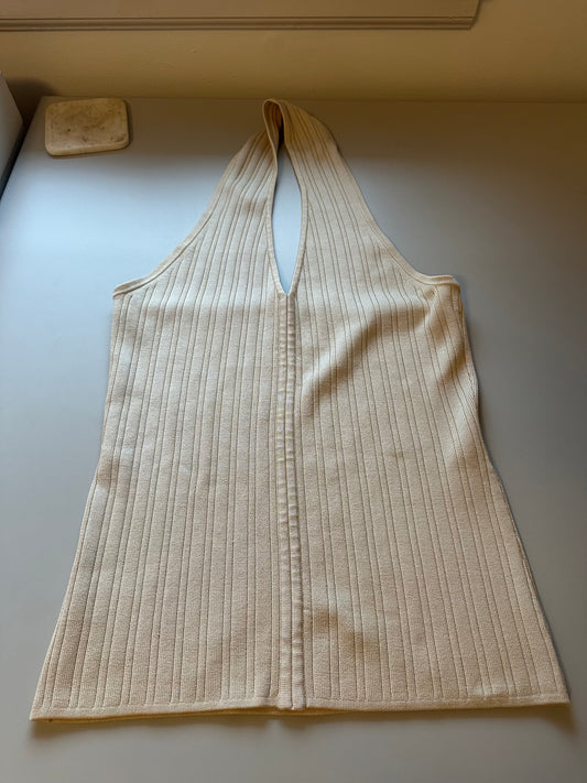 Doncaster Beige Ribbed Knit Silk Blend V-Neck Halter Top | Size Medium