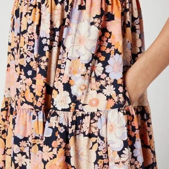 Free People Park Slope Orange and Pink Tiered Maxi Sundress Size Small