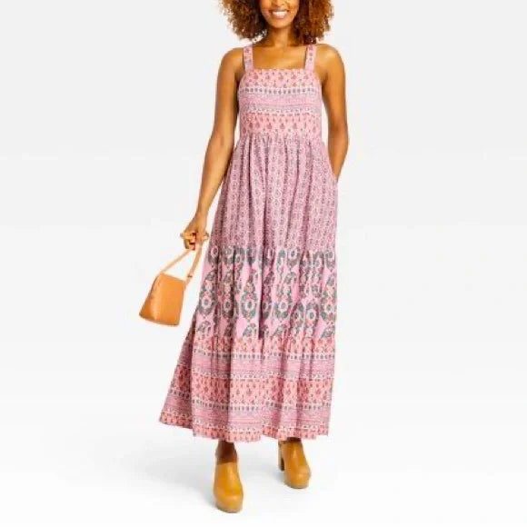 Knox Rose Boho Smocked Maxi Dress in Pink Print | Size Medium