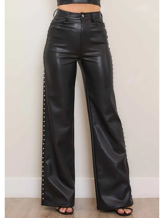 NWT Vibrant Black Leather Pants with Pearl Detailing - Size 28