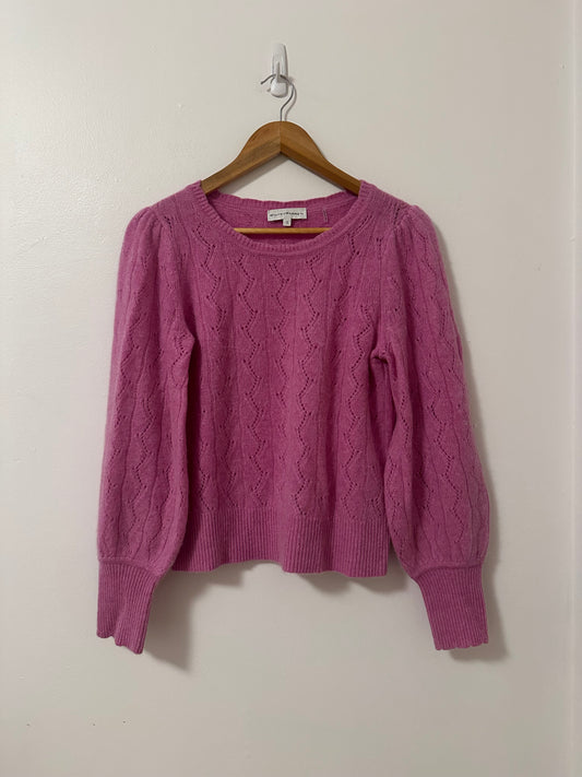 White + Warren Cashmere Pointelle Puff Sleeve Sweater in Berry Pink | Size Small
