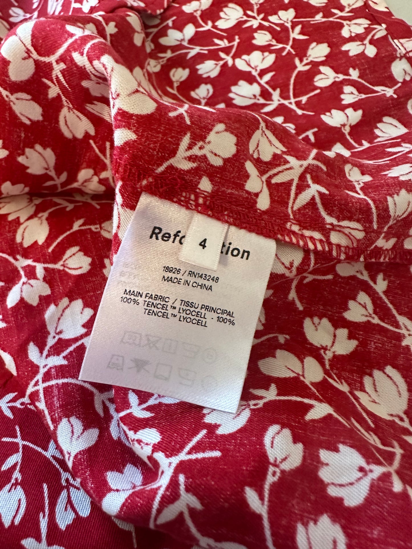 Reformation Red and White Floral Abbot Mini Tie Front Dress | Size 4