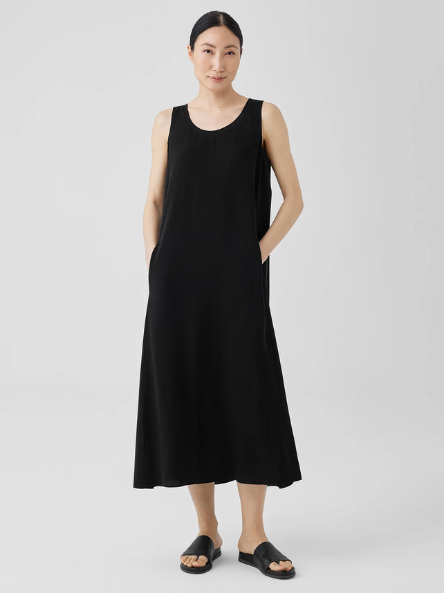 Eileen Fisher Silk Georgette Crepe Scoop Neck Dress in Black | Size XL