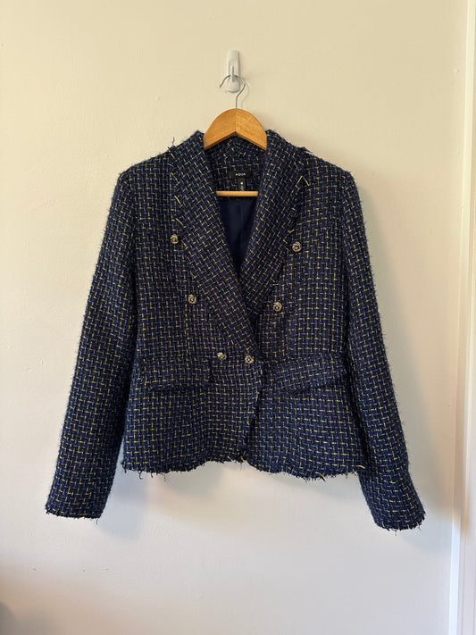 Aqua Cutaway Tweed Double Breasted Jacket in Navy | Size Medium