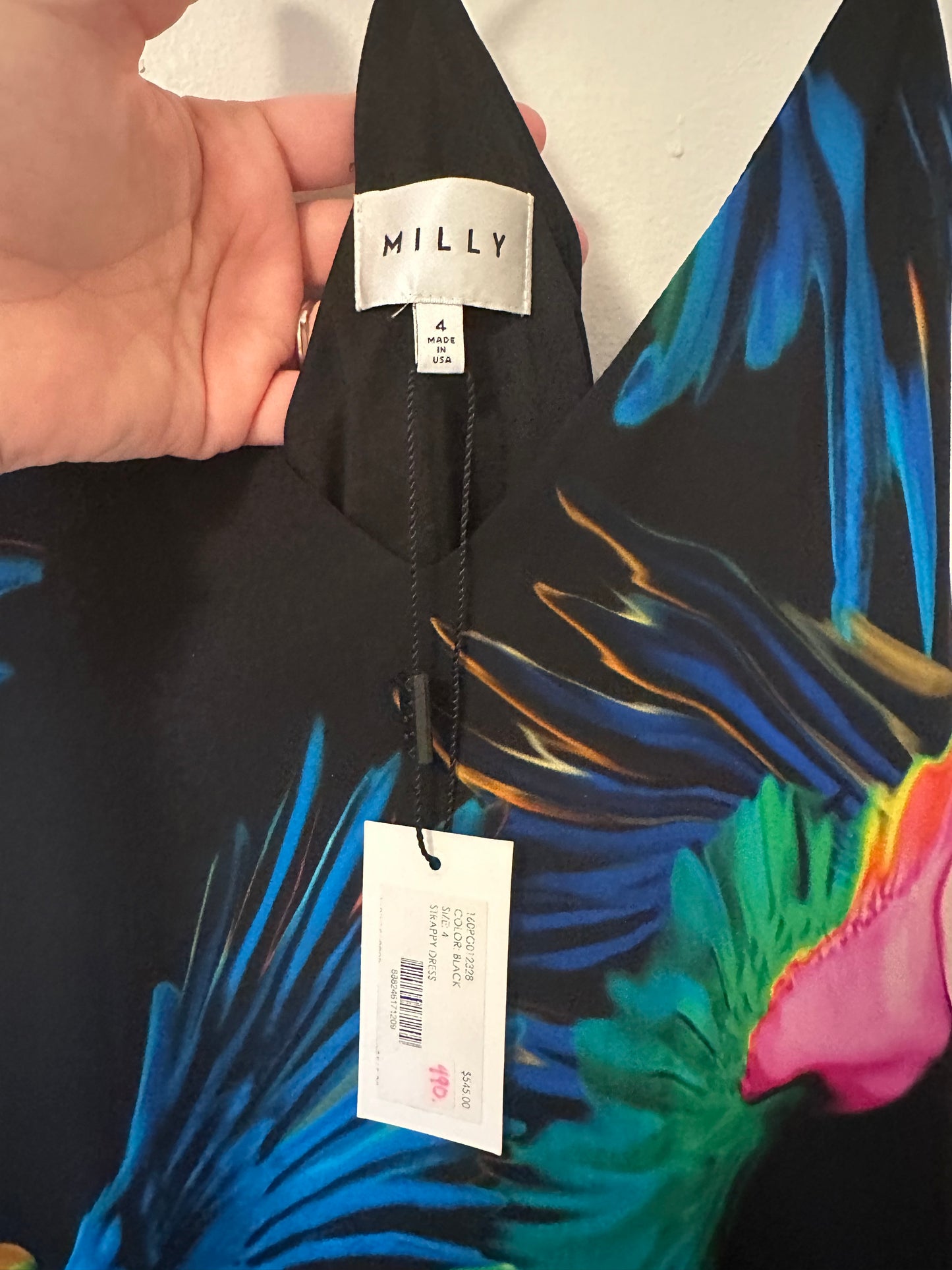 NWT Milly Silk Black Dress with Colorful Parrot Print Size 4