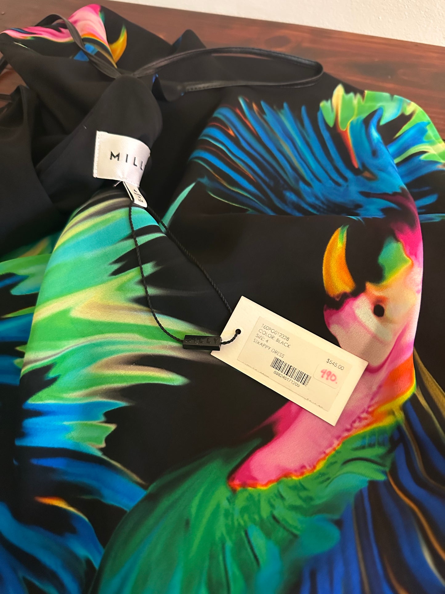NWT Milly Silk Black Dress with Colorful Parrot Print Size 4