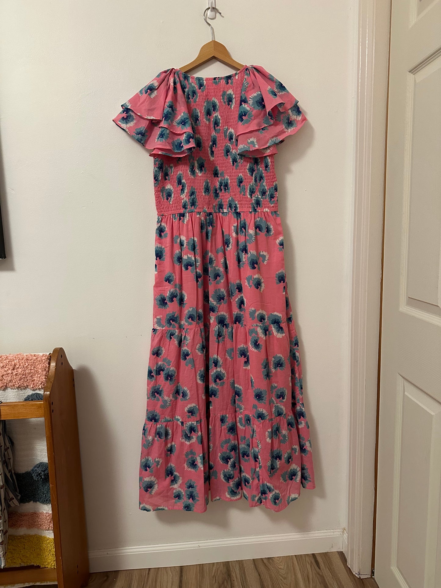 Banjanan Ira Cotton Floral Cap Sleeve Dress in Blue and Pink | Size Large