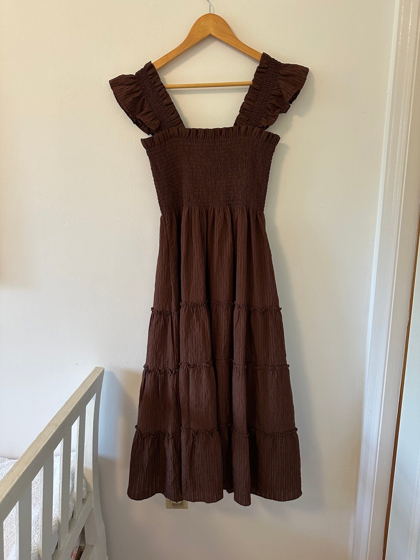 Hill House The Ellie Nap Dress in Chocolate Tonal Seersucker- Size XS