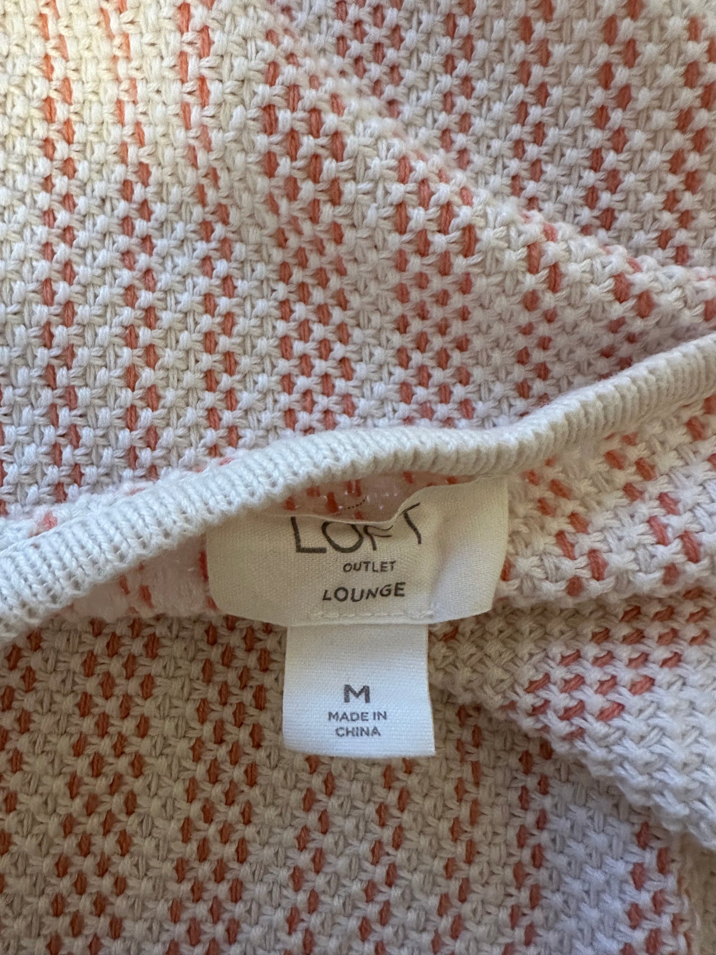 LOFT Lounge Cream and Pink Textured Knit Cotton Top With Tassels | Size Medium