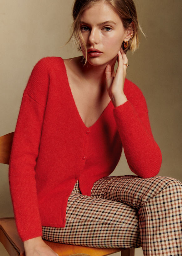 Sezane Barry V-neck Cardigan Sweater in Bright Red Mohair | Size Small