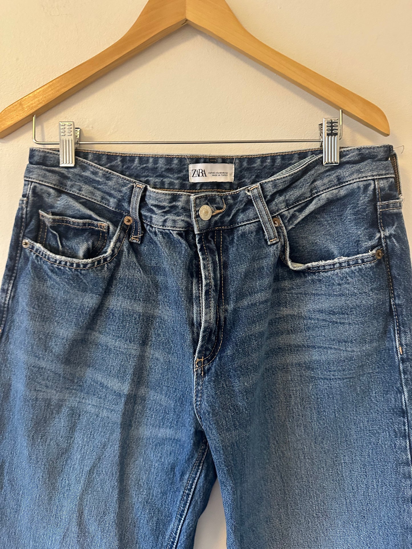 Zara Mid Rise Wide Leg Cotton Medium Wash Jeans | Size 10