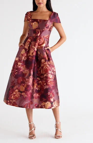 NWT Kay Unger Tierney Floral Midi Dress in Garnet Multi - Size 10