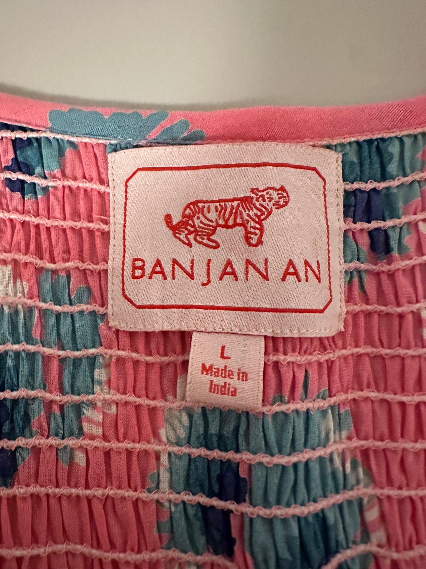 Banjanan Ira Cotton Floral Cap Sleeve Dress in Blue and Pink | Size Large