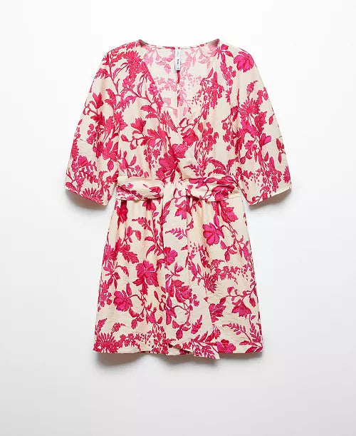 MANGO New Floral Print Pink and Cream Wrap Dress Size Medium