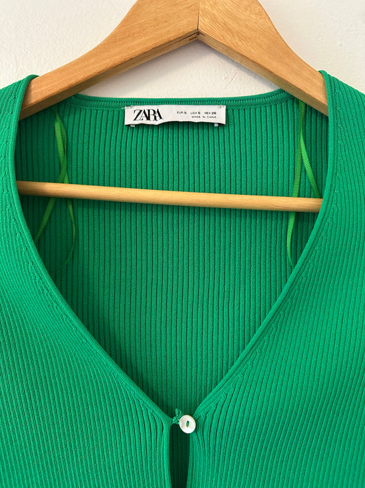 Zara Cropped Ribbed Cardigan in Green - Size Small