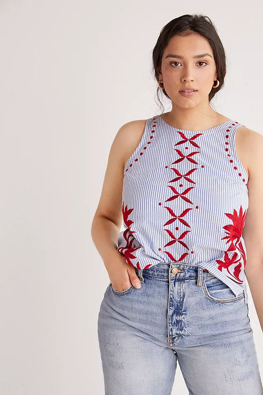 Maeve Striped Sleeveless Top with Red Embroidery - Size Medium