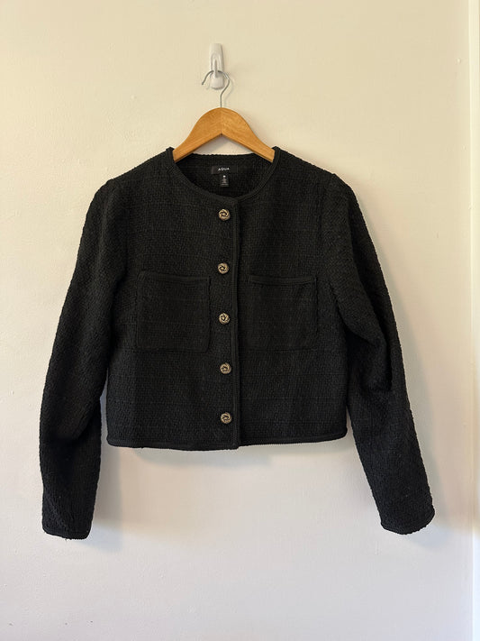 Aqua Black Tweed Textured Blazer Jacket with Gold Buttons | Size Medium