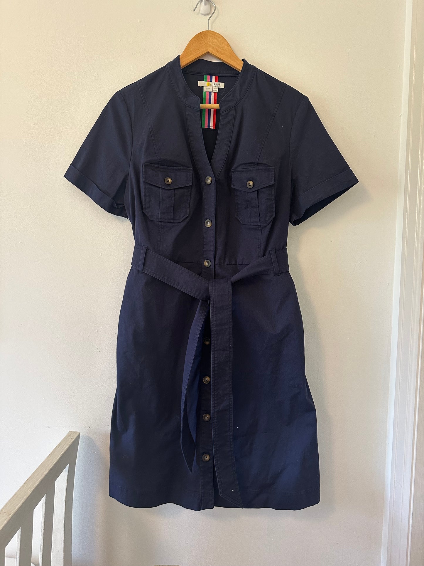 Boden Cecily Short Sleeve Navy Button-Up Dress with Belt - Size 10