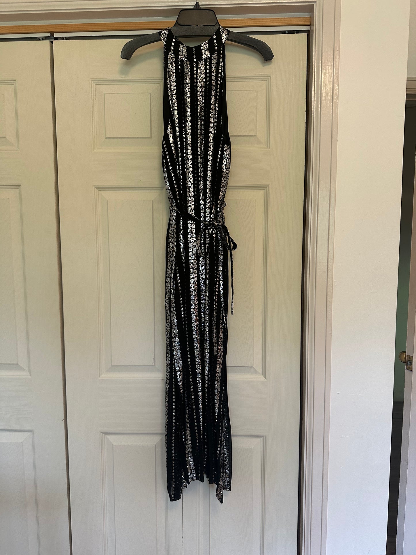 Emerson Fry New Black and Silver Floral Metallic Maxi Dress - Size Medium