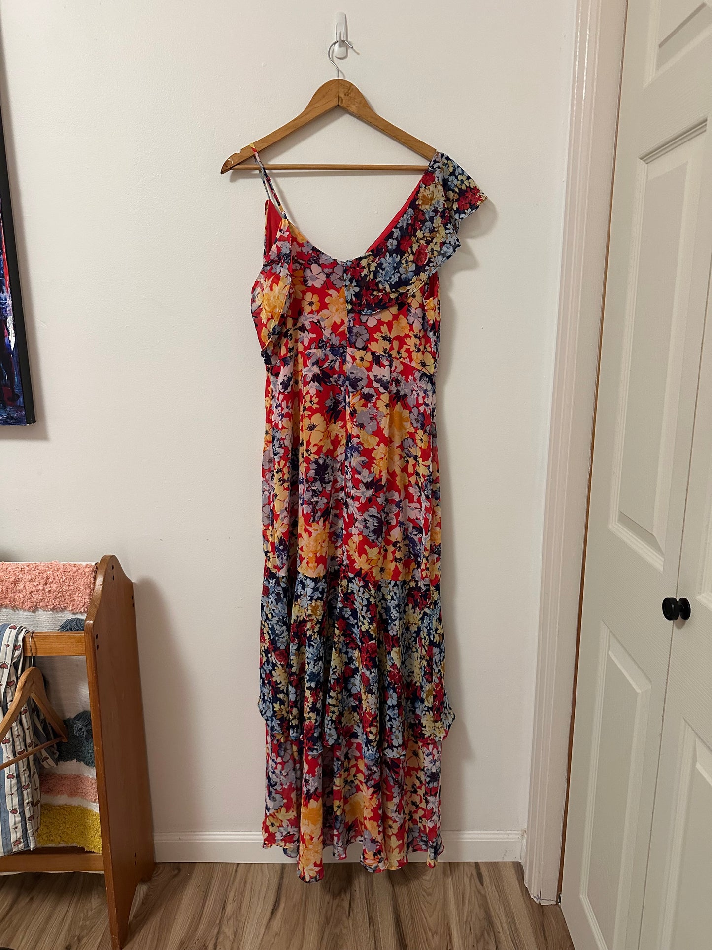 Lulu's Radiant Ruby Red Floral Print Chiffon Maxi Dress | Size Large