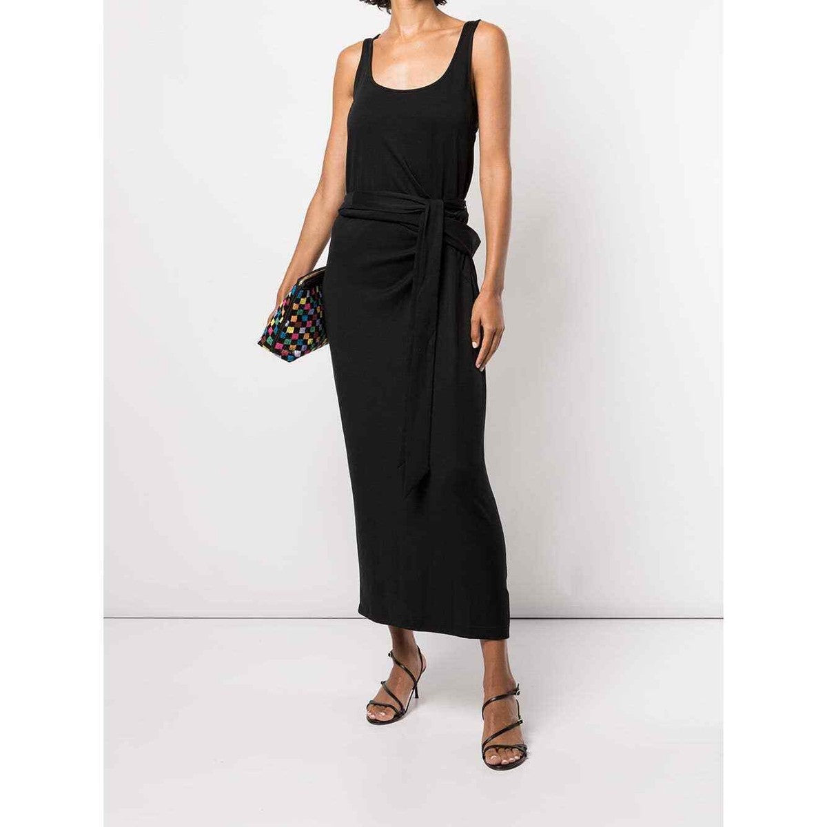 Vince. Tie Waist Cotton Dress Sleeveless Midi Scoop in Black - Size Medium