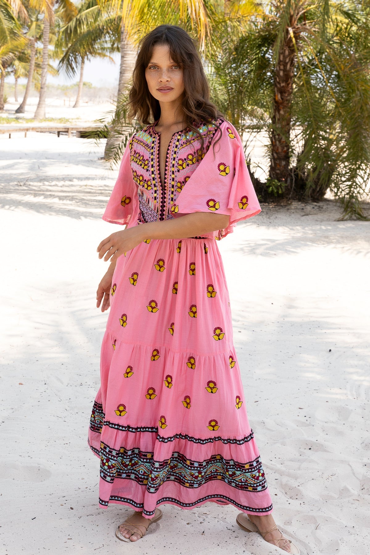 Oliphant Flirty V-Neck Embroidered Maxi Dress in Santa Fe Pink | Size XL