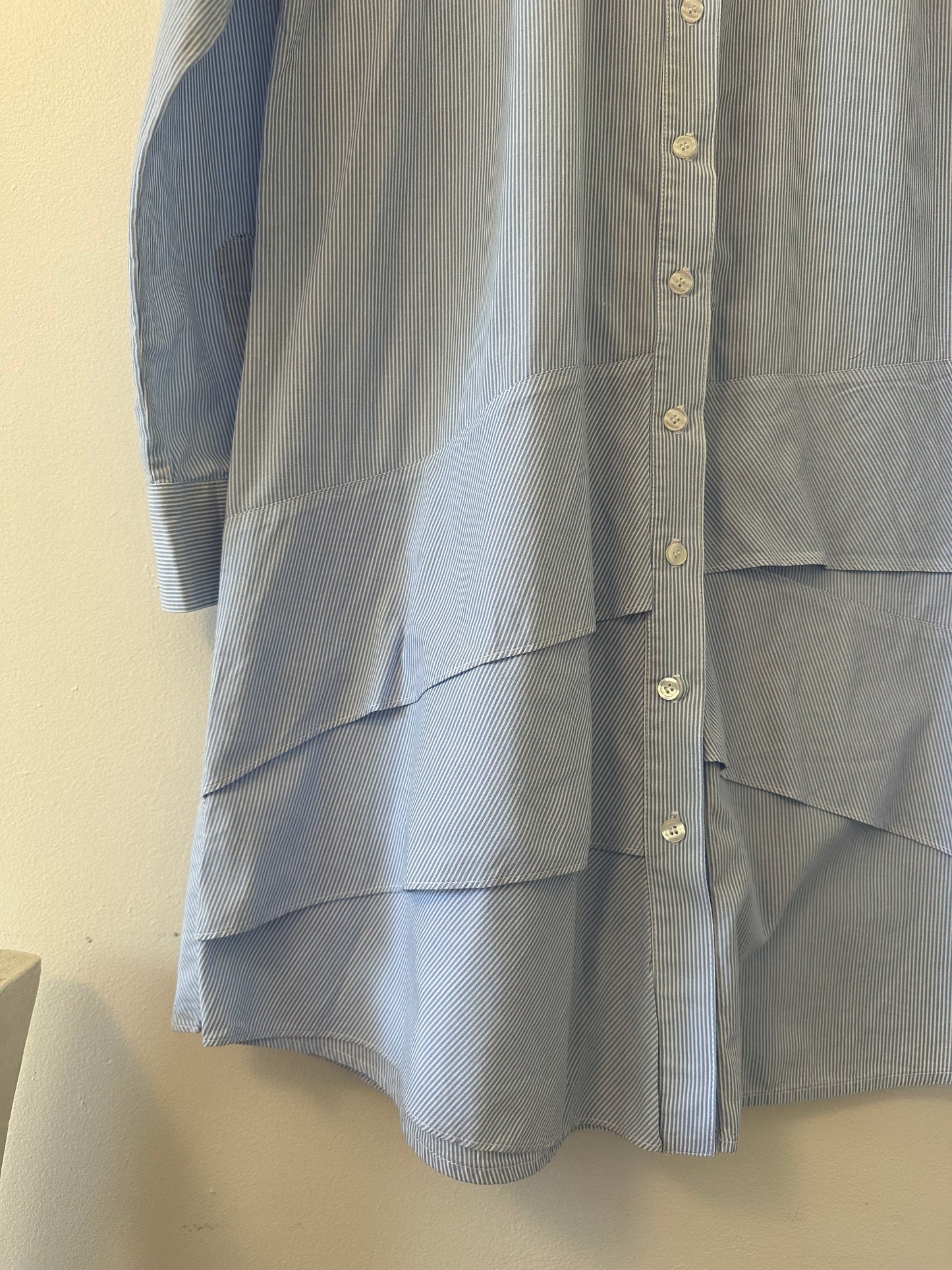 Finley Jenna Striped Ruffle Shirt Dress in Blue and White - Size Medium