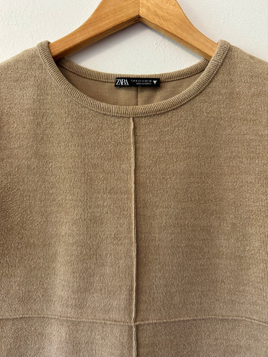 Zara Tan Mini Sweater Dress with Short Sleeves | Size Small