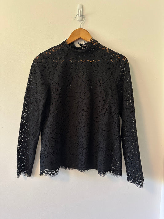 J. Crew Scalloped Black Lace Women's Mock Neck Blouse | Size 2