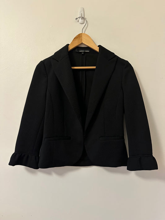 Amanda + Chelsea Black Ponte Feminine Cropped Blazer With Ruffles | Size 6