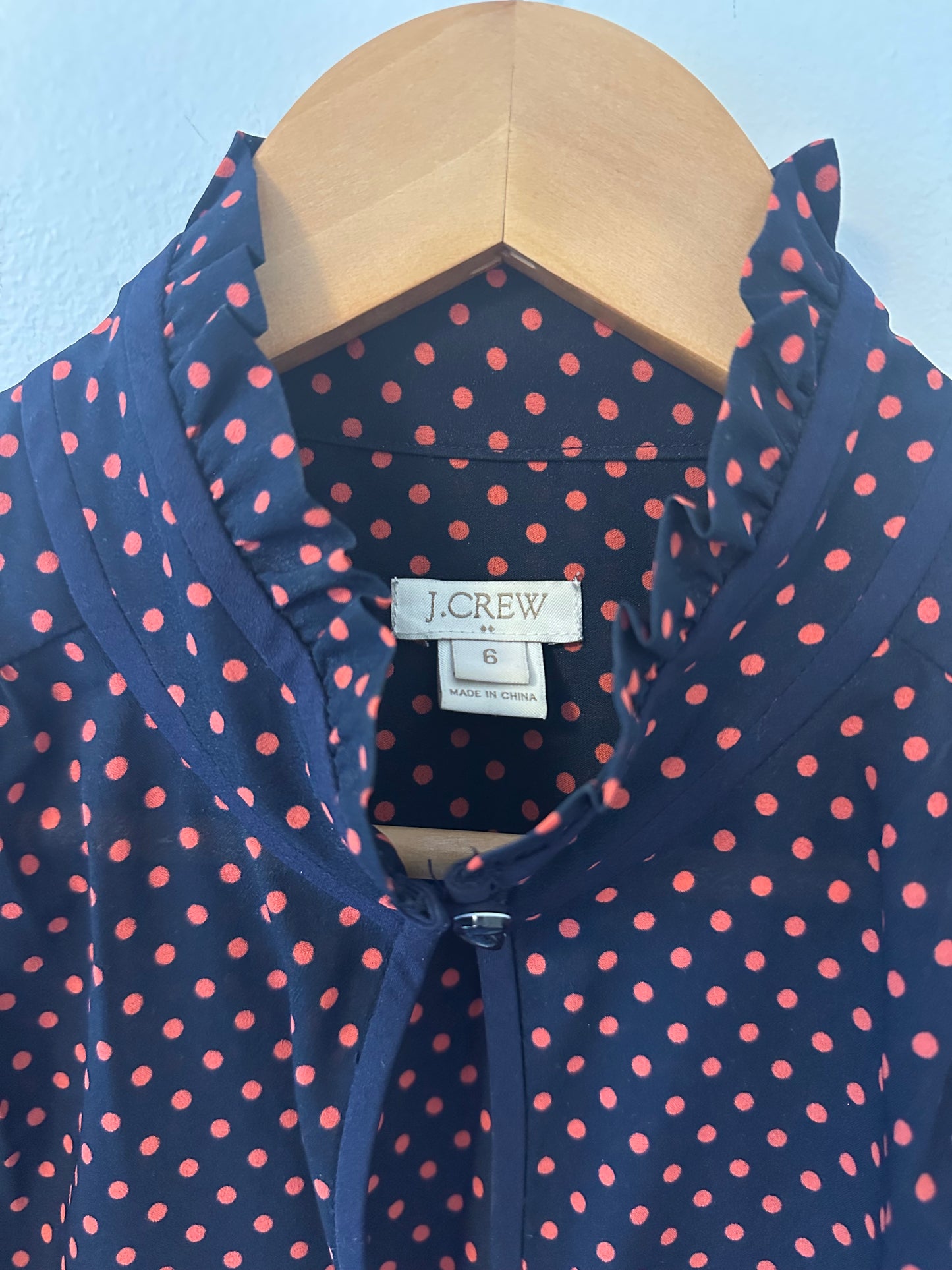 J. Crew - Navy and Red Polka Dot Stand Up Collar Sheer Flowy Blouse | Size 6
