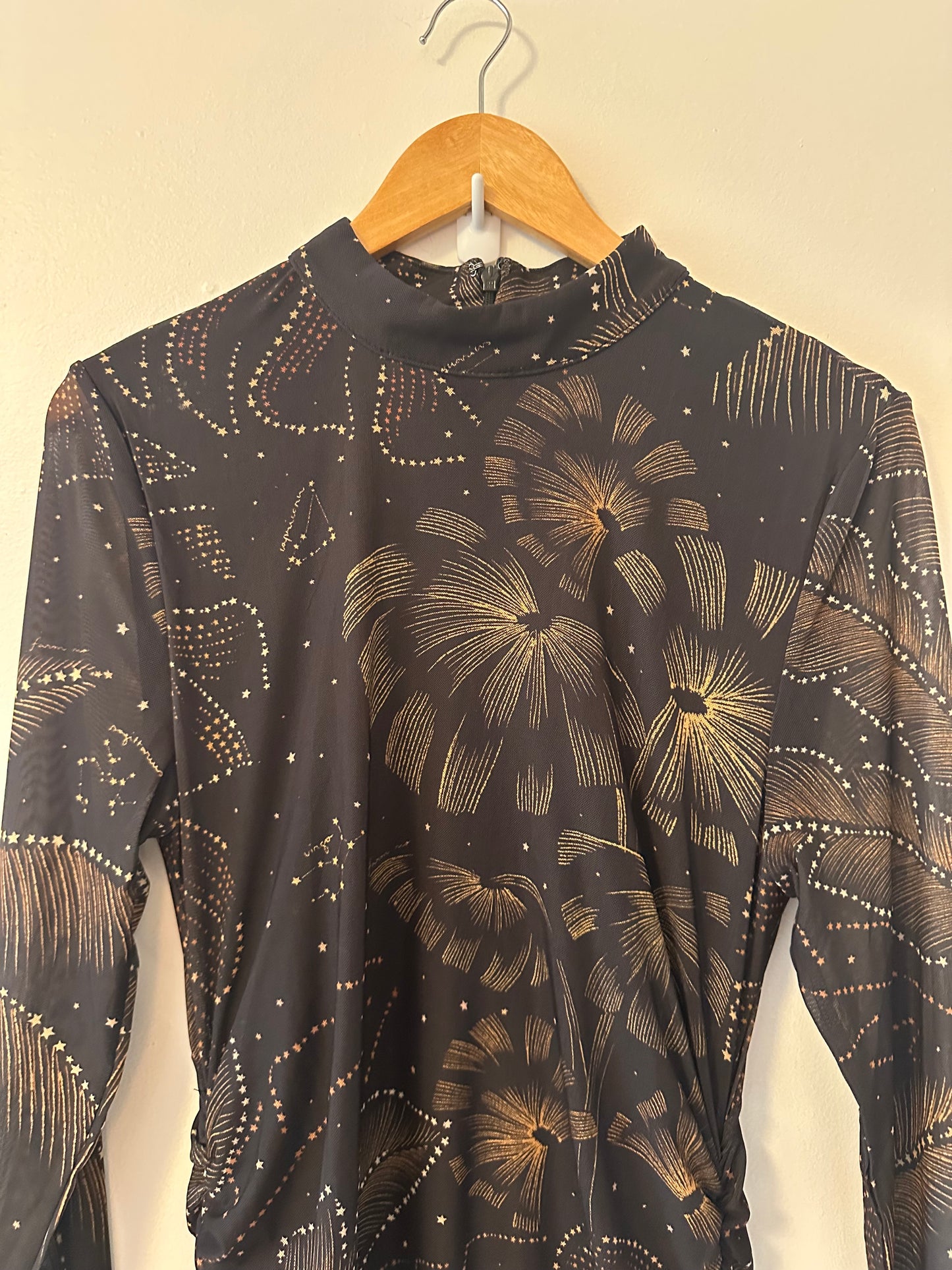 NWT FARM Rio Golden Foliage Long Sleeve Tulle Midi Dress in Black | Size Large