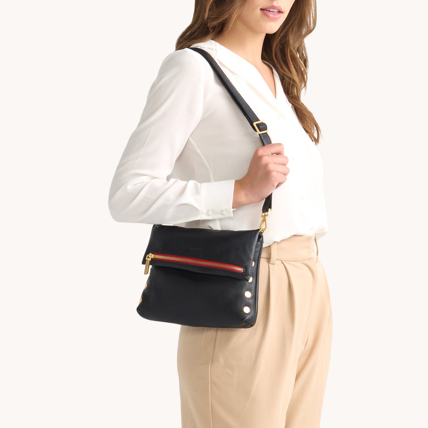 Hammitt VIP MED Crossbody / Clutch Bag in Black/Brushed Gold Red Zip