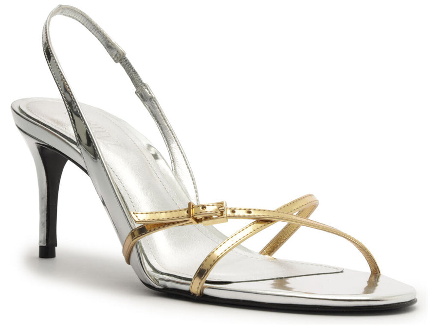 Schutz Cassie Mid Heel Silver and Gold Women's Dress Sandals - Size 8.5