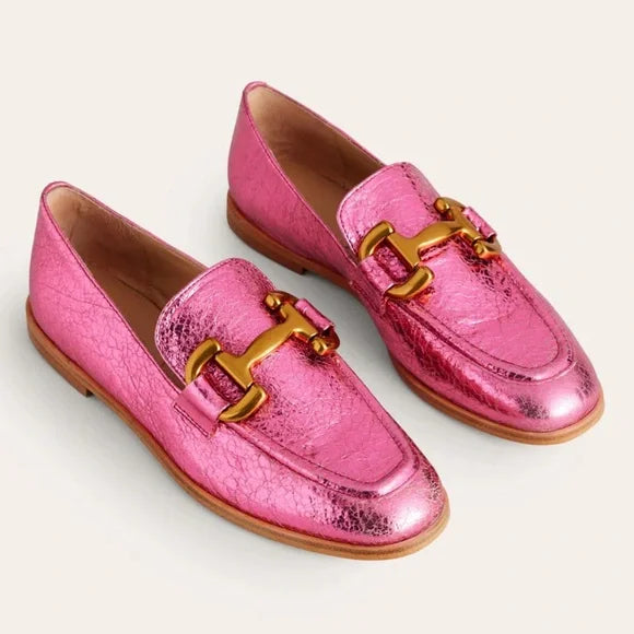 Boden Iris Snaffle Metallic Pink Loafers with Gold Detail | Size 39