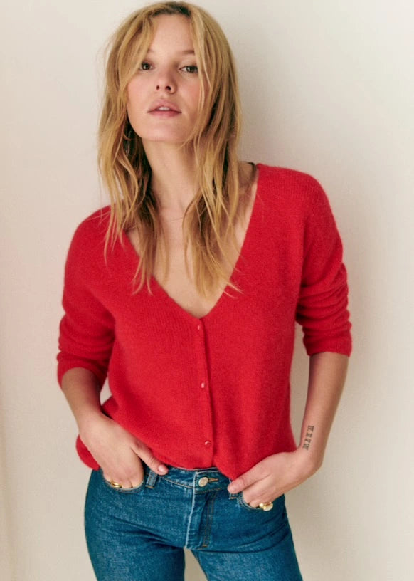 Sezane Barry V-neck Cardigan Sweater in Bright Red Mohair | Size Small