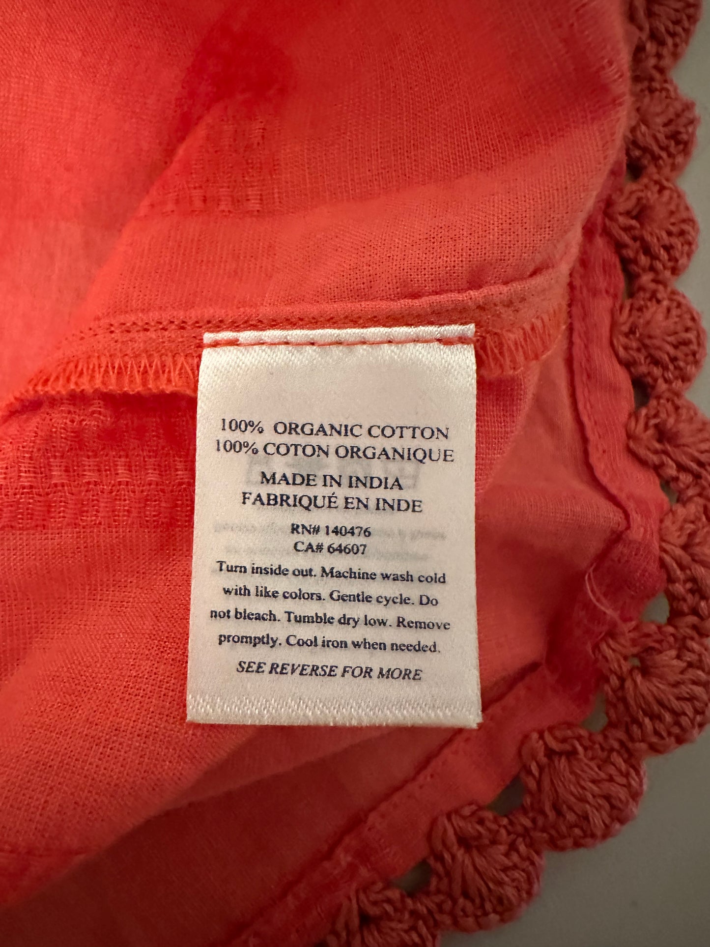 Faherty Coral Checkered Cotton Blouse with Crochet Trim | Size Large