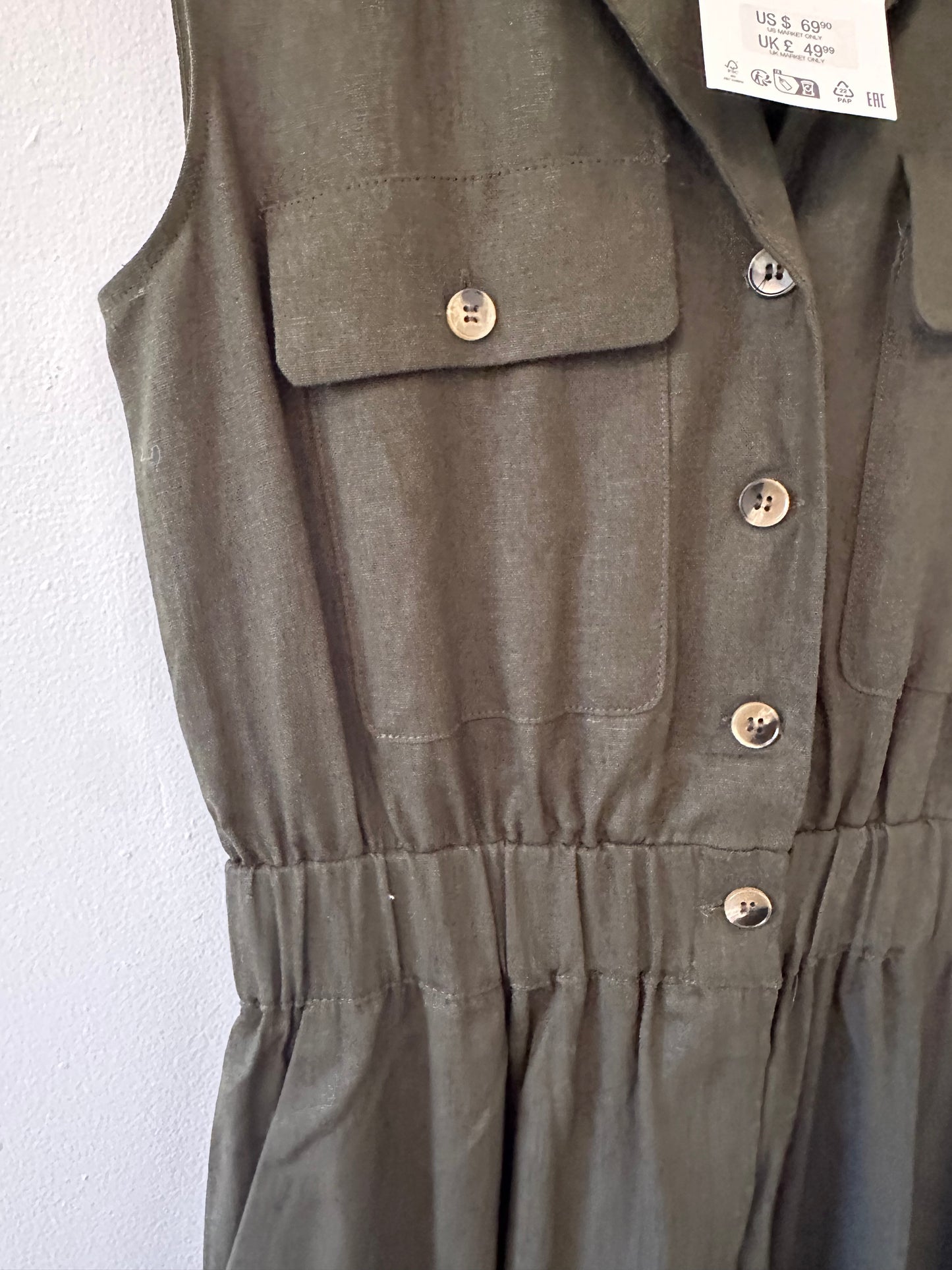 NWT Zara Olive Green Sleeveless Linen Jumpsuit Size Small