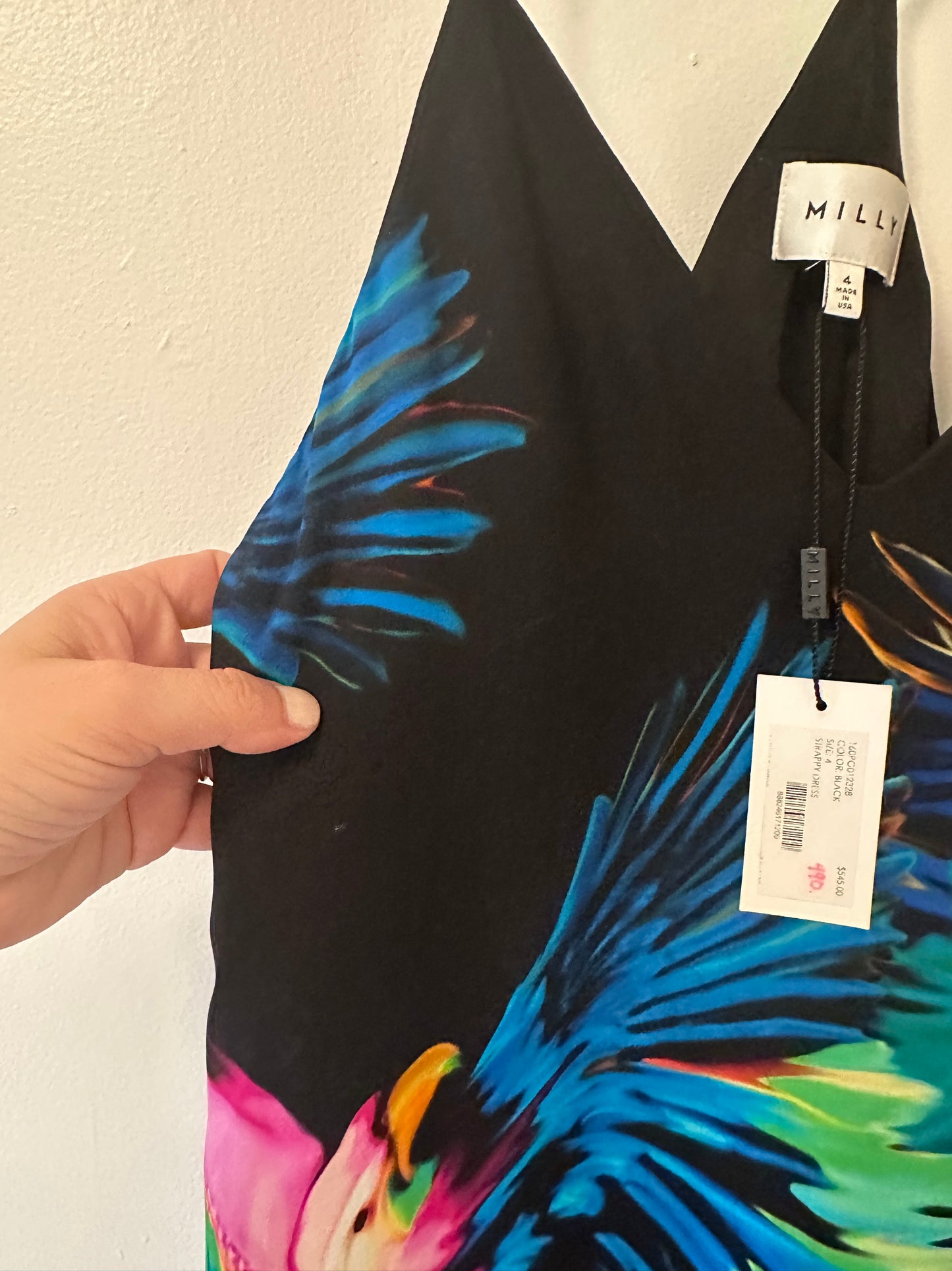 NWT Milly Silk Black Dress with Colorful Parrot Print Size 4