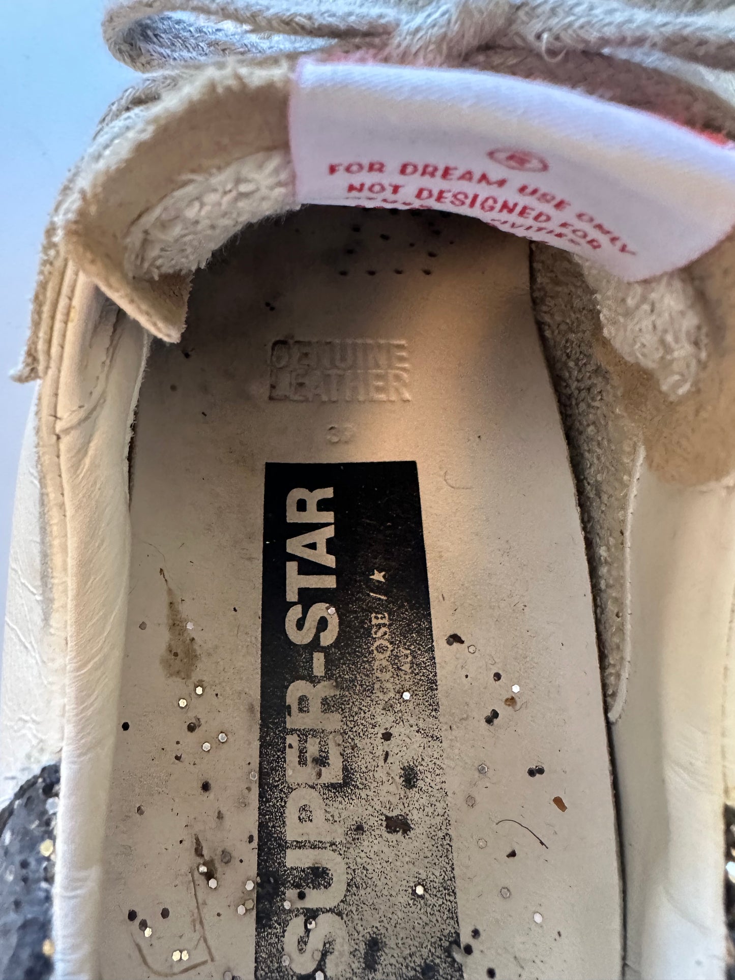 Golden Goose Super-Star Sneakers with a Star and Black Glitter Heel | Size 39