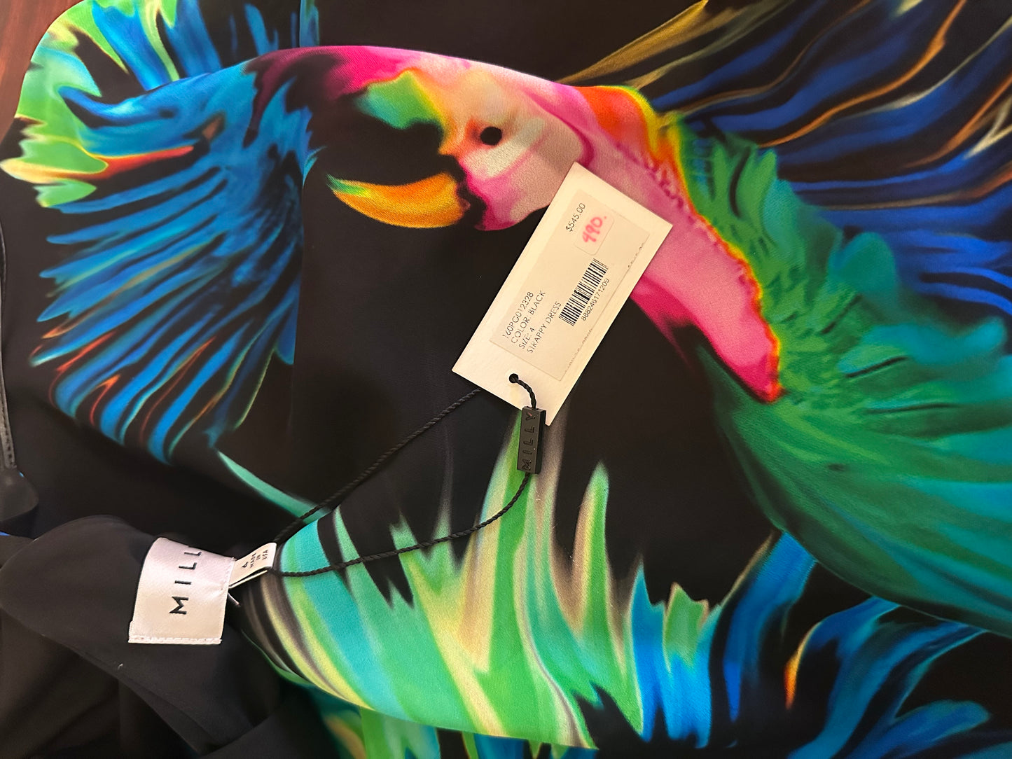 NWT Milly Silk Black Dress with Colorful Parrot Print Size 4